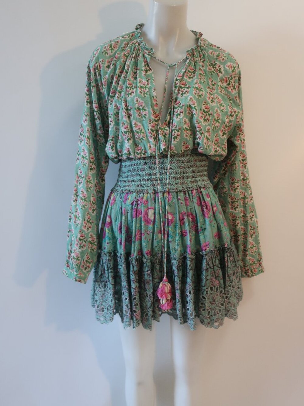 Womens Hemant & Nandita Green, Multi Floral Flounce Long Sleeve Dress S